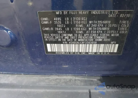 2015 Subaru Outback 2.5I Limited z USA, uszkodzony, nr VIN 4S4BSALC8F3303058